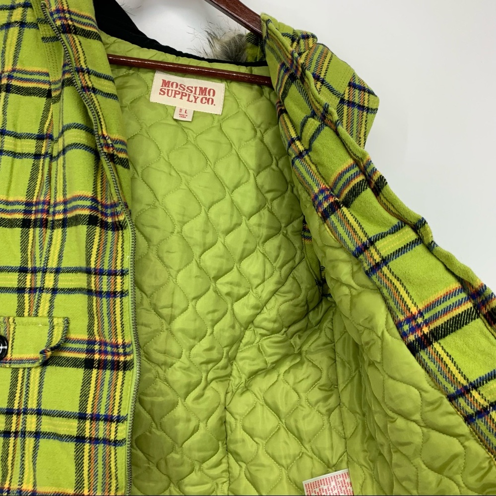Mossimo Supply Co Retro Lime Green Blue Multi Plaid Full Zip Vest Faux Fur Hood - Picture 6 of 15